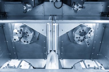 Çift taret Cnc torna makinesi veya dönüm makine. Merhaba-teknoloji üretim süreci.