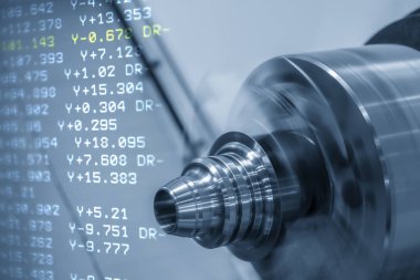 Cnc Torna veya makine ve koni şeklini kesme Nc kod veri dönüm soyut sahne. Merhaba-teknoloji üretim süreci.