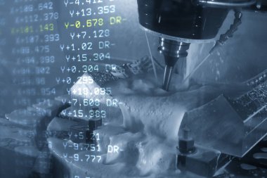 5 eksenli Cnc freze tezgahı ve kalıp parçası kesme G-code veri soyut sahne. Merhaba hassasiyetli Cnc freze makinesi.