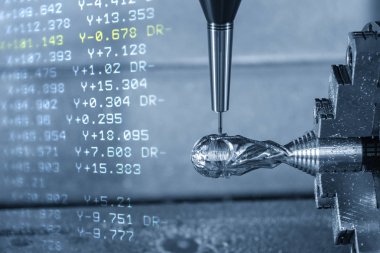 Çok eksenli Cnc freze tezgahı ve örnek bölümü kesim G-code veri soyut sahne. Merhaba hassasiyetli Cnc freze makinesi.