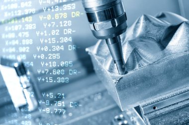 CNC değirmen makinesinin soyut sahnesi ve G-code veri arkaplanı. Küf ve ölüm üretim süreci makine merkezi tarafından .