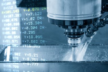 CNC değirmen makinesinin soyut sahnesi ve G-code veri arkaplanı. Yüksek teknoloji kalıp ve makine merkezi tarafından üretilen konsept.
