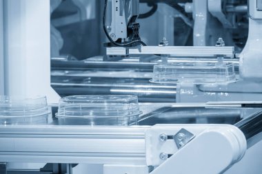 Mavi tondaki enjeksiyon makinesinde otomatik madde işleme işlemi. Plastik enjeksiyon küf makinesinden otomatik sistem tarafından üretilen gıda konteynırı.