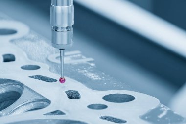 Alüminyum silindir kafa parçalarını ölçen çok eksenli CMM makinesi. Çoklu eksen CMM makinesi ile otomotiv parçalarının kalite kontrolü