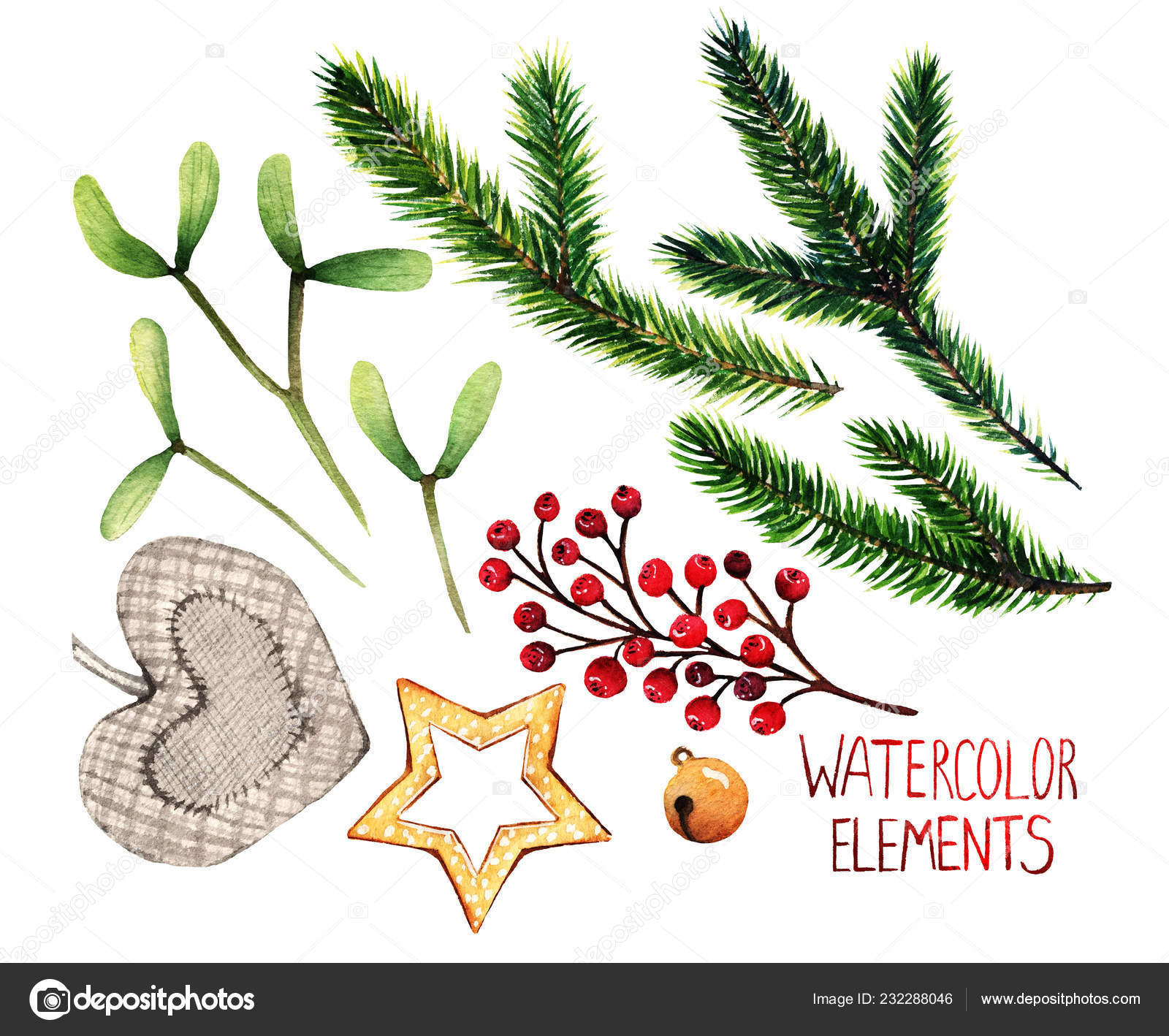 水彩イラスト クリスマス デザイン モミの枝 赤い果実 ハート ヤドリギのさまざまな要素 ストック写真 C Hikarud