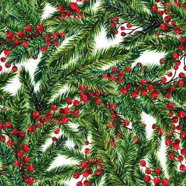 Mutlu Noeller, çam dalları, kırmızı meyveler, kart, el yapımı, suluboya çizimler, seamless modeli, arka plan ışık