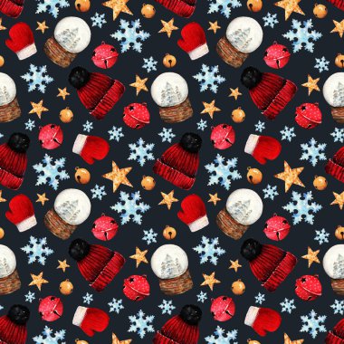 Suluboya moda illüstrasyon. moda aksesuarları kümesi. Kış. şapka, eldiven, kar taneleri, yıldız, çan, kar küresi, seamless modeli, siyah arka plan