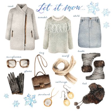 Suluboya moda illüstrasyon. moda aksesuarları kümesi. Kış clothes.coat, kazak, Etek, güneş gözlüğü, eldiven, çanta, eşarp, çizmeler, kolye, küpe, şapka