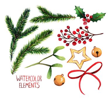 Sulu boya resim. Farklı öğeler için Noel tasarım, çam dalları, ökse otu, kırmızı meyveler, kırmızı kurdele, çan, yıldız
