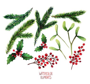 Sulu boya resim. Farklı öğeler için Noel tasarım, çam dalları, ökse otu, kırmızı çilek