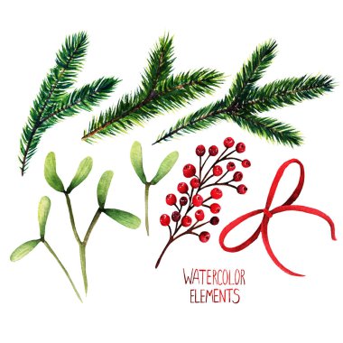 Sulu boya resim. Farklı öğeler için Noel tasarım, çam dalları, ökse otu, kırmızı çilek