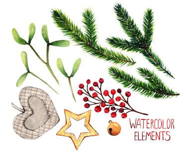 Sulu boya resim. Farklı öğeler için Noel tasarım, çam dalları, kırmızı meyveler, yıldız, çan, oyuncak kalp, ökse otu
