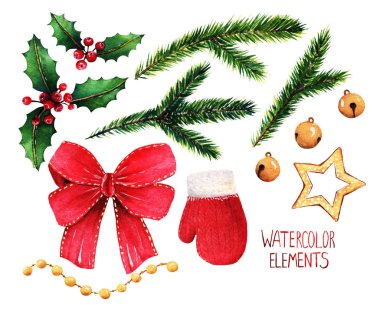 Sulu boya resim. Farklı öğeler için Noel tasarım, çam dalları, ökse otu, kırmızı kurdele, eldivenler, çan, yıldız, çelenk 