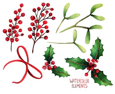 Sulu boya resim. Noel için farklı öğeleri tasarım, kırmızı kurdele, ökse otu, kırmızı meyveler 