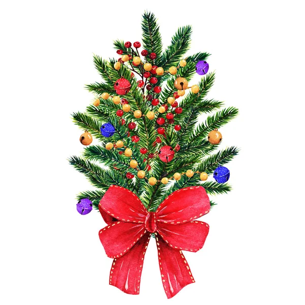 Vánoční Strom Zimní Dovolená Červenou Mašli Zvony Akvarel Ilustrací Karta — Stock fotografie