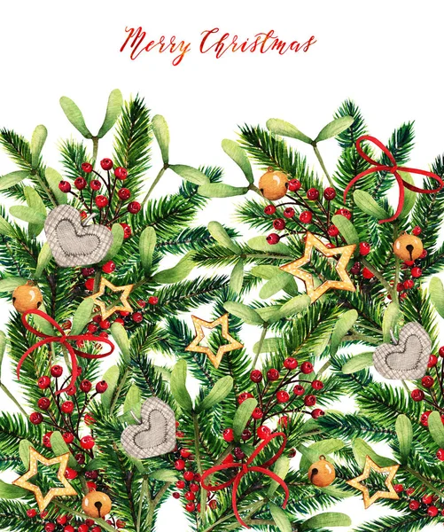 Kerst Aquarel Illustratie Fir Takken Rode Bessen Klokken Gouden Sterren — Stockfoto