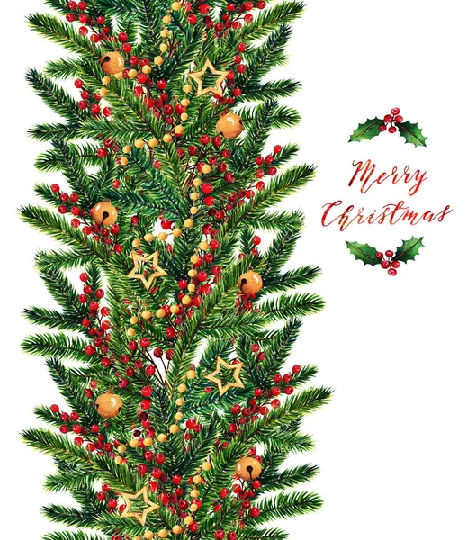 Weihnachten Aquarell Illustration Tannenzweige Rote Beeren Glocken Goldsterne Handgemacht Karte — Stockfoto