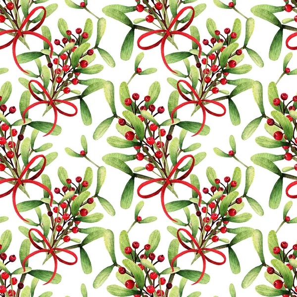クリスマスの水彩イラスト ヤドリギ 赤いリボン 赤い果実 手作り シームレスなパターン 明るい背景カード — ストック写真