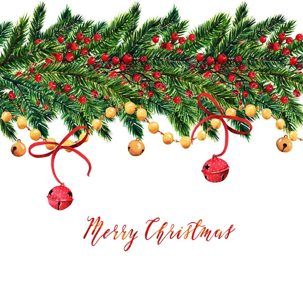 Frohe Weihnachten Tannenzweige Weihnachten Rote Beeren Glocken Goldsterne Karte Für — Stockfoto