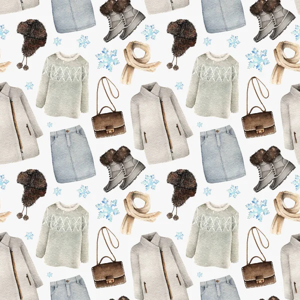 Aquarell Mode Illustration Set Trendiger Accessoires Winterkleidung Mantel Pullover Rock — Stockfoto