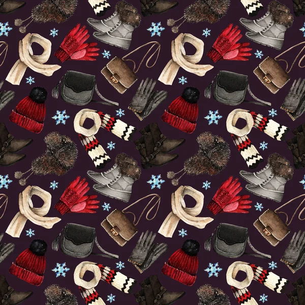 Иллюстрация Акварельной Моды Набор Модных Аксессуаров Зимняя Одежда Перчатки Сумки — стоковое фото