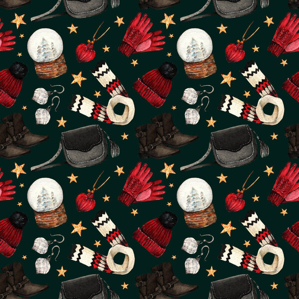 Иллюстрация акварельной моды. набор модных аксессуаров. Зимняя одежда. пальто, свитер, джинсы, обувь, сумка, шарф, шляпа, бесшовный узор, черный фон
