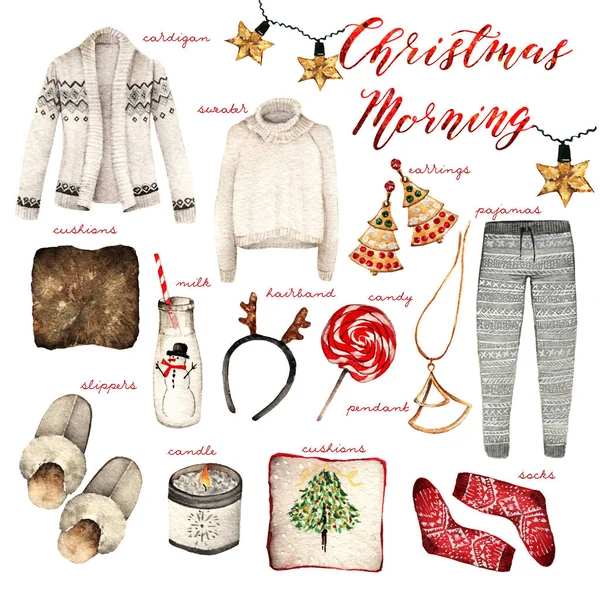 Illustrazione Moda Acquerello Set Accessori Trendy Mattina Natale Cardigan Maglione — Foto Stock