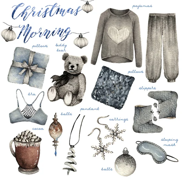 Illustrazione Moda Acquerello Set Accessori Trendy Mattina Natale Pigiama Cuscini — Foto Stock