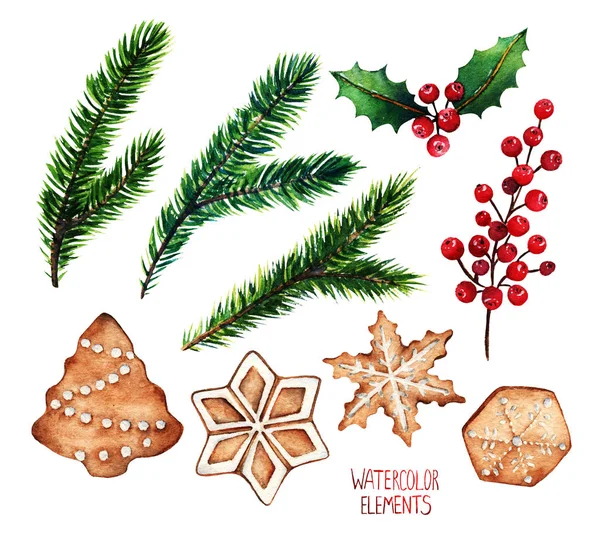Акварельна Ілюстрація Різні Елементи Різдвяного Дизайну Ялинкові Гілки Червоні Ягоди — стокове фото