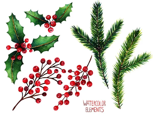 Aquarel Illustratie Verschillende Elementen Voor Kerstmis Ontwerp Fir Takken Maretak — Stockfoto
