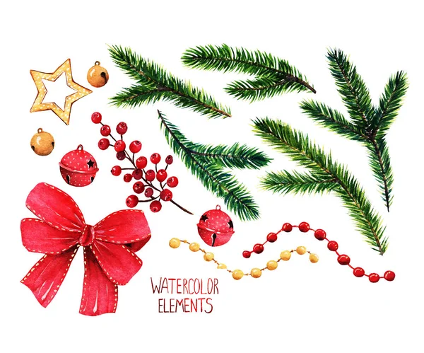 Акварельна Ілюстрація Різні Елементи Різдвяного Дизайну Ялинових Гілок Червоних Ягід — стокове фото