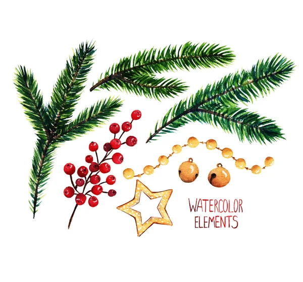 Akvarelu Ilustrace Různé Prvky Pro Vánoční Design Větve Jedle Červené — Stock fotografie