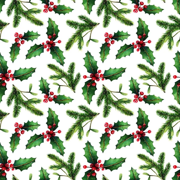 Christmas Watercolor Illustration Mistletoe Fir Branches Card You Handmade Seamless — Stock Photo, Image