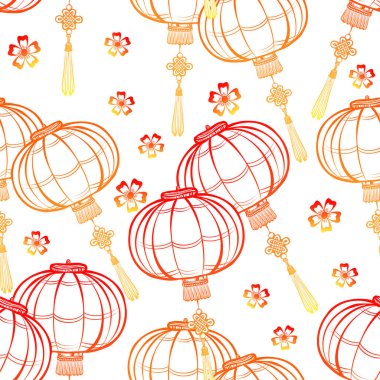 Çin yeni yılı, seamless modeli, el feneri, sakura, arka plan ışık. El yapımı. Kırmızı ve altın renkleri