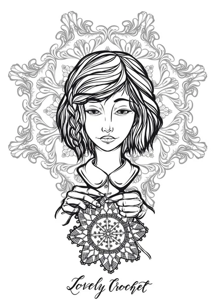 Vector Εικονογράφηση Πορτρέτο Ενός Κοριτσιού Βελονάκι Χειροποίητα Χαρακτικά Shirts Τατουάζ — Διανυσματικό Αρχείο
