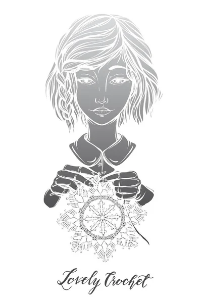 Vector Εικονογράφηση Πορτρέτο Ενός Κοριτσιού Βελονάκι Χειροποίητο Τυπώνει Μπλουζάκια Τατουάζ — Διανυσματικό Αρχείο