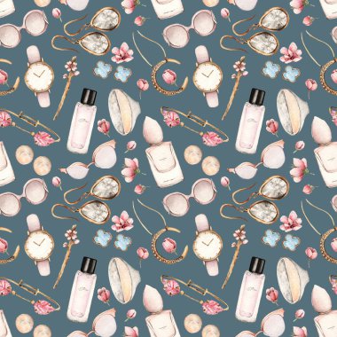 Suluboya Moda İllüstrasyon. moda aksesuarları kümesi. Cherry Blossom.earrings, güneş gözlüğü, kolye, bilezik, parfüm, saatler, yüzük, saç çubuğu, dikişsiz desen, koyu arka plan