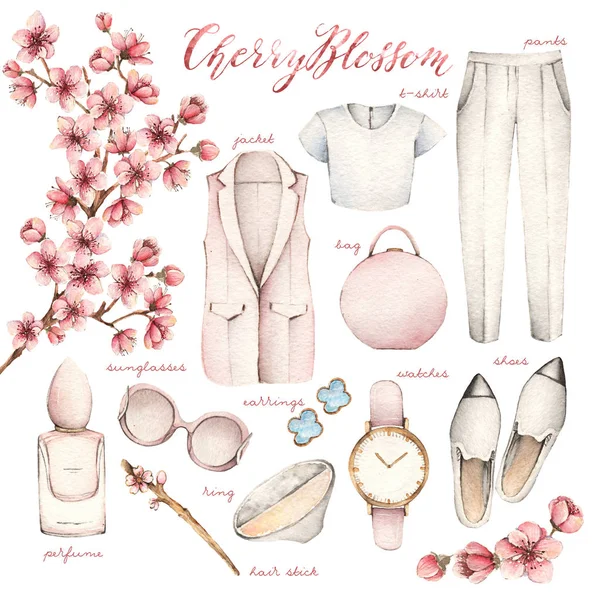 Ilustração Moda Aquarela Conjunto Acessórios Moda Cherry Blossom Jaqueta Shirt — Fotografia de Stock