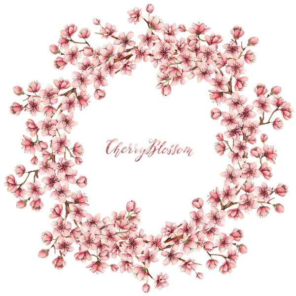 Cherry Virágok Akvarell Illusztráció Ágak Virágok Bimbók Koszorú Kártya Számára — Stock Fotó
