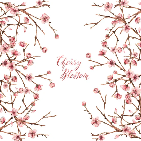 Akvarell Illusztráció Cherry Blossom Tavaszi Virágok Kártya Számára Kézzel Készített — Stock Fotó