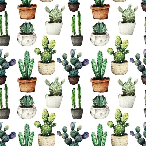 Kaktusy Pots Akvarel Sada Rostlin Pohlednice Pro Vás Ručně Vyráběné — Stock fotografie