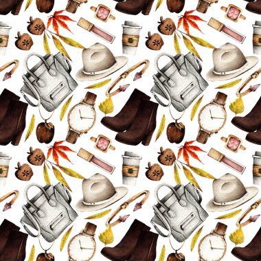 Suluboya Moda İllüstrasyon. moda aksesuarları kümesi. Güzel autumn.hat, kahve, küpe, kolye, bilezik, yüzük, çanta, izlemek, çizmeler, dikişsiz desen, Hafif arka plan