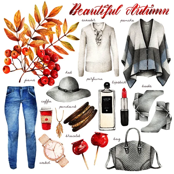 Aquarell Mode Illustration Set Trendiger Accessoires Schöner Herbst Poncho Pullover — Stockfoto