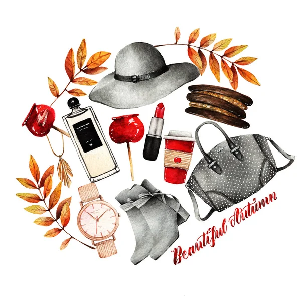 Watercolor Fashion Illustration Set Trendy Accessories Beautiful Autumn Hat Coffee — Stock Photo, Image