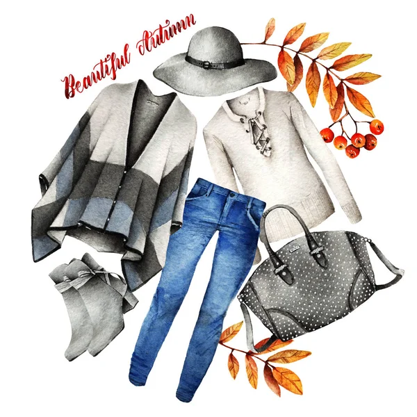 水彩画ファッションイラスト トレンディなアクセサリーのセット 美しい秋 ポンチョ セーター ジーンズ ブーツ バッグ — ストック写真