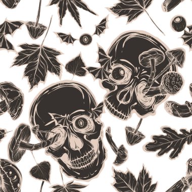 Vektör illüstrasyon. Cadılar Bayramı kafatası, mantarlar, yapraklar. El yapımı, tişörtlere baskı.dövmeler, arka plan beyaz, dikişsiz desen, gri renk