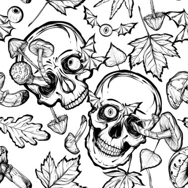 Vektör illüstrasyon. Cadılar Bayramı kafatası, mantarlar, yapraklar. El yapımı, tişörtlere baskı.dövmeler, arka plan beyaz, dikişsiz desen