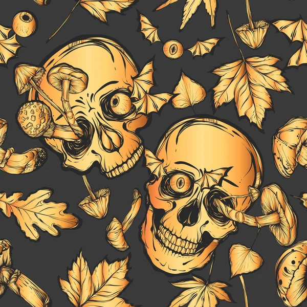 Vektoros Illusztráció Halloween Koponya Gomba Levelek Handmade Nyomtatványok Shirt Tetoválás — Stock Vector