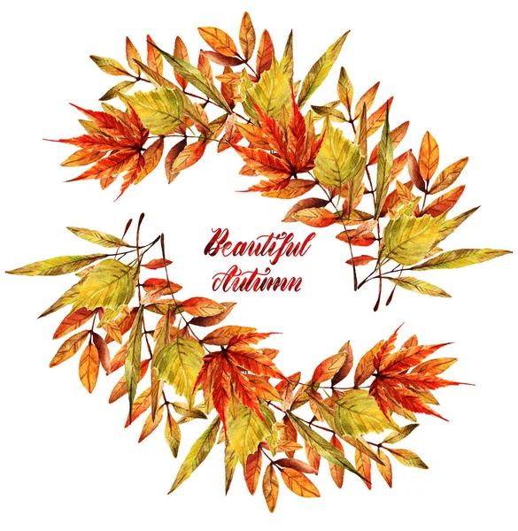 水彩插图 美丽的秋天 不同的秋叶 手工制作 给你的明信片 背景白色 — 图库照片