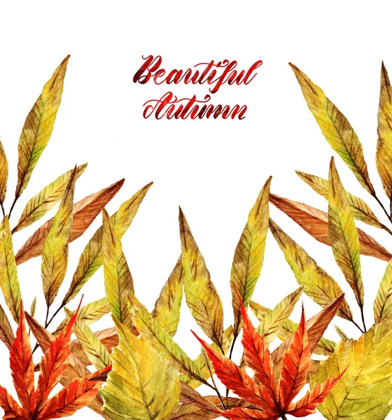 水彩插图 美丽的秋天 不同的秋叶 给你的明信片 背景白色 手工制作 — 图库照片